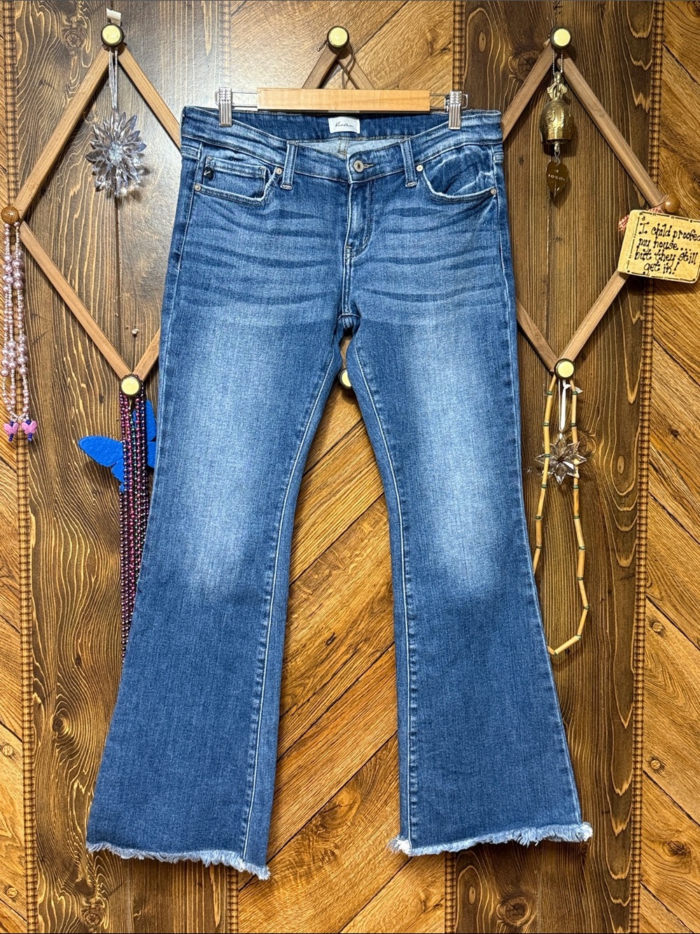 KanCan Blue Low Rise Flare Jeans with Raw Hem